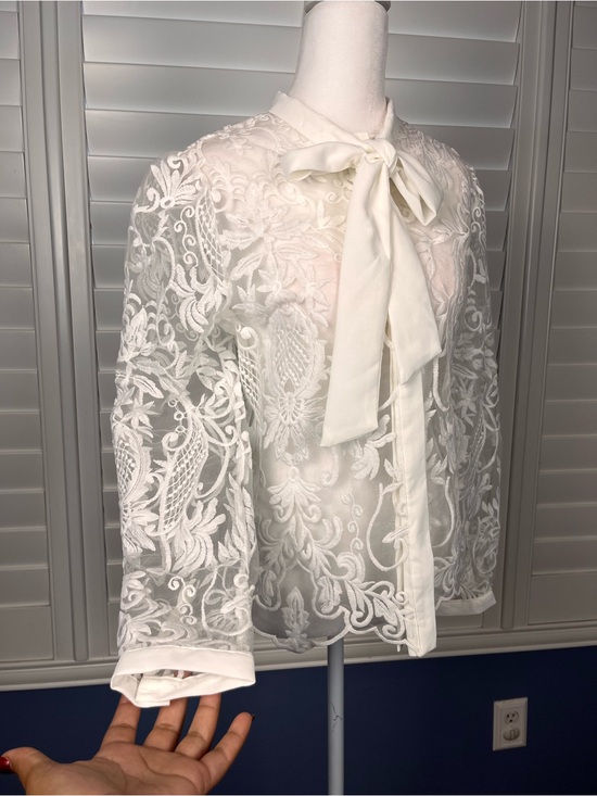 Ultra Pink Tops - Ultra Pink White Embroidered Lace Bow Tie Romantic Sheer Long Sleeve Top Size S